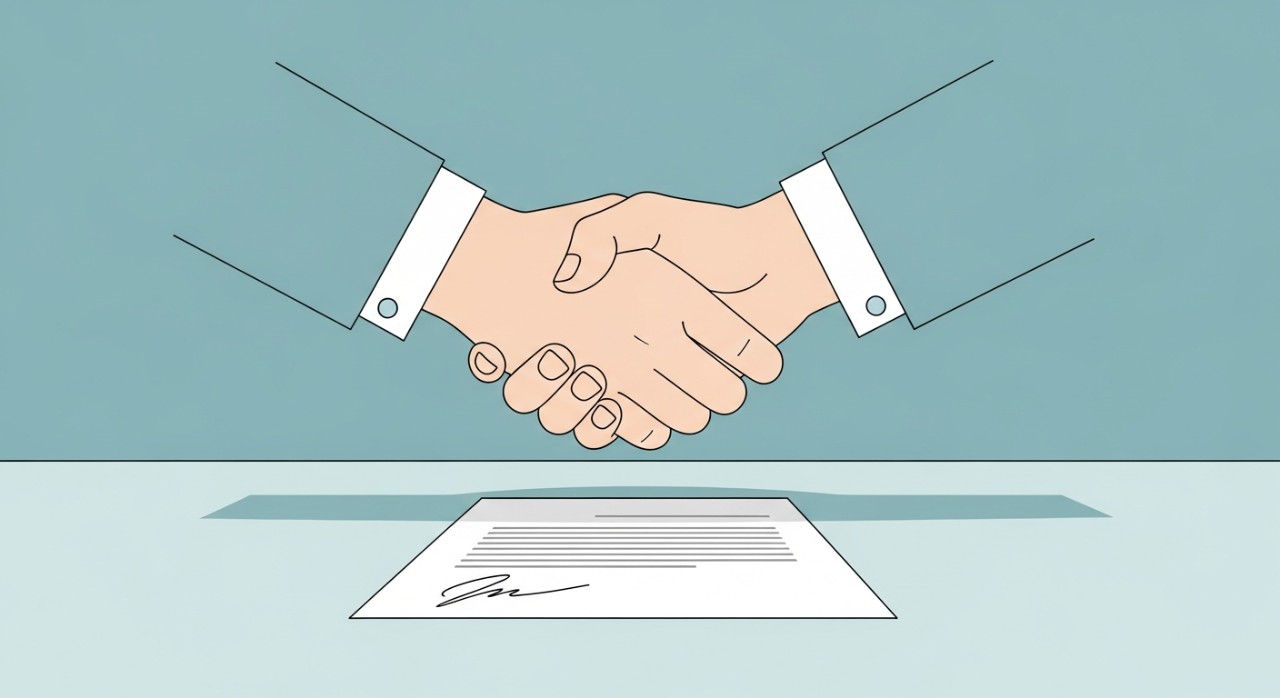 Dua tangan berjabat di atas dokumen rasmi yang telah ditandatangani sebagai tanda persetujuan.
