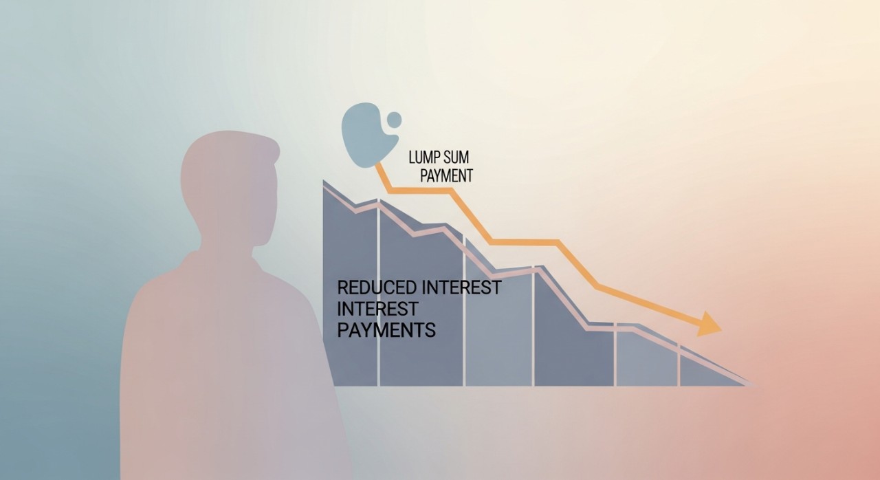 Seseorang melihat carta yang menunjukkan pengurangan pembayaran faedah dari masa ke masa akibat pembayaran sekaligus.