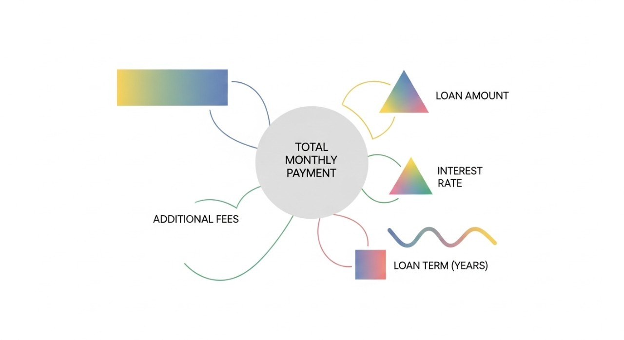 Grafik menunjukkan pelbagai faktor yang mempengaruhi jumlah bayaran pinjaman bulanan.
