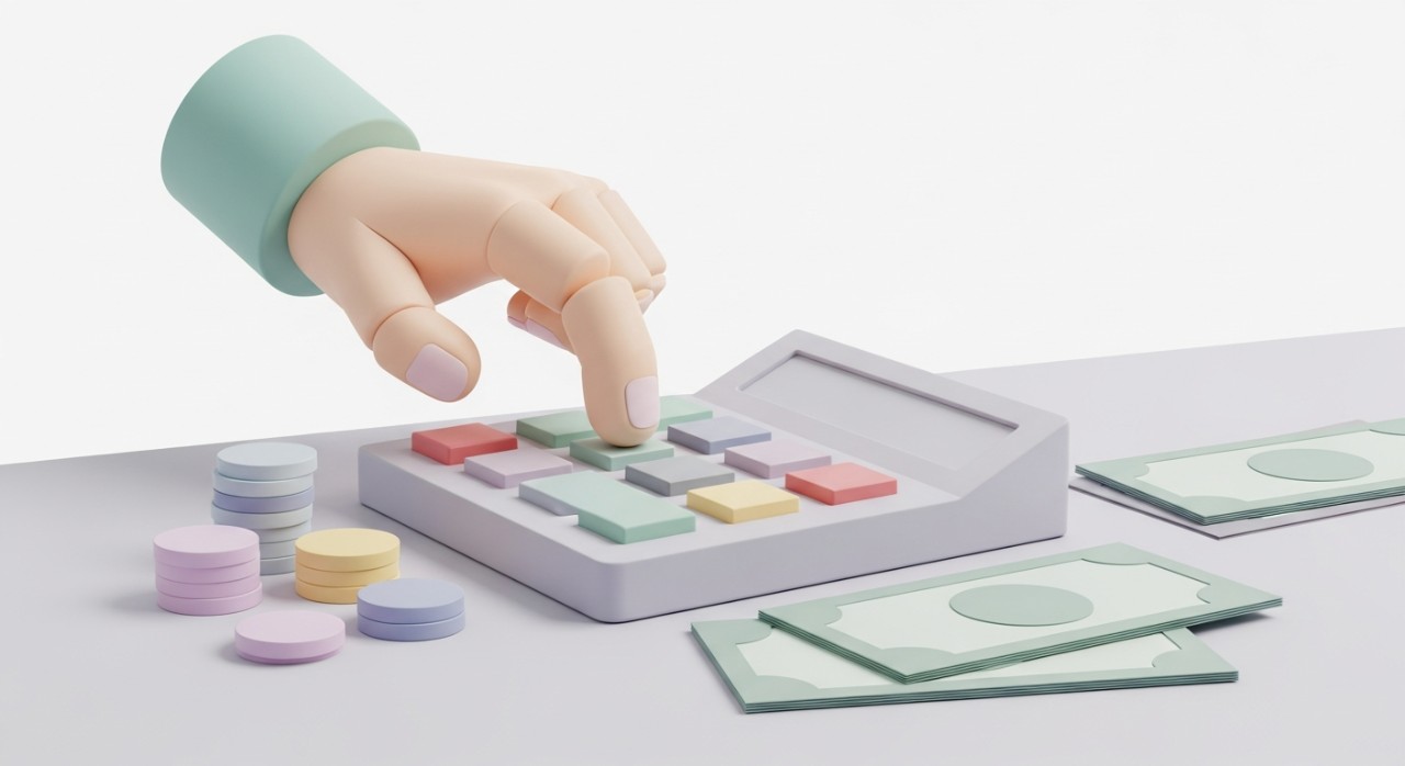 Panduan Lengkap: Kenapa Bayaran Faedah Berkurang? 1 Tangan sedang menekan butang pada kalkulator, dengan tumpukan syiling dan wang kertas di meja.