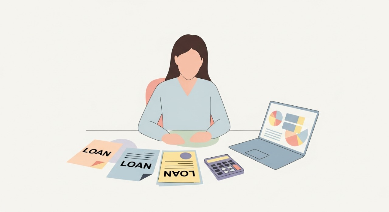 Adakah Faedah Pinjaman Peribadi Berbeza? Panduan Terikini 1 Seorang wanita duduk di meja, meneliti dokumen pinjaman dengan kalkulator dan komputer riba di hadapannya.
