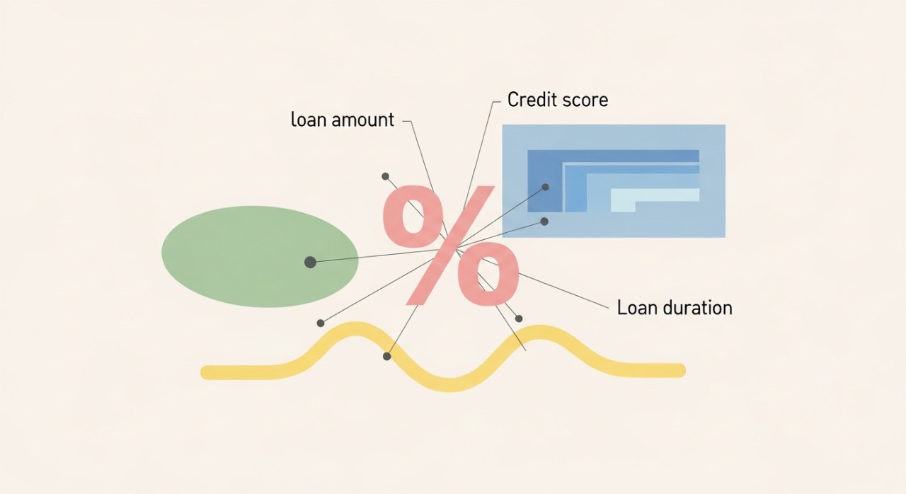 Cara Pengiraan Peratus Pinjaman Peribadi Tepat 2026 1 Pelbagai ikon yang mewakili faktor-faktor seperti skor kredit, jumlah pinjaman, dan tempoh bayaran balik mempengaruhi simbol peratusan di tengah.
