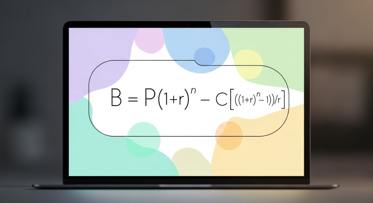 Paparan dekat pada skrin komputer riba yang menunjukkan formula pengiraan baki pinjaman.