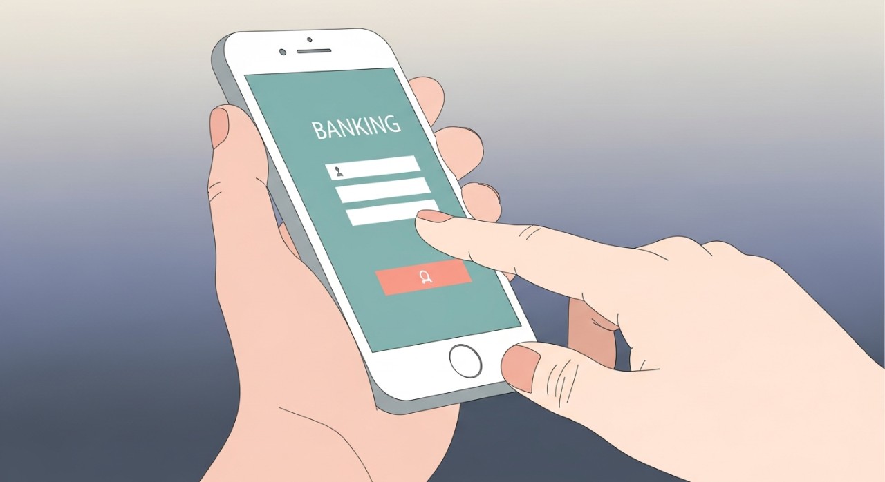 Tangan seseorang sedang menyentuh skrin telefon bimbit yang memaparkan borang log masuk aplikasi perbankan.