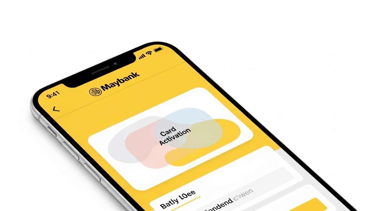 Skrin telefon pintar memaparkan menu pengaktifan kad di dalam aplikasi Maybank.
