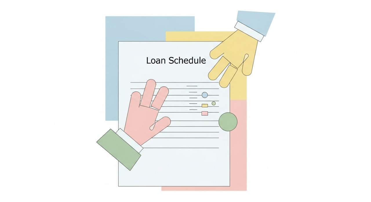 Tangan sedang menulis atau mengira sesuatu di atas jadual pinjaman, menunjukkan perancangan kewangan.