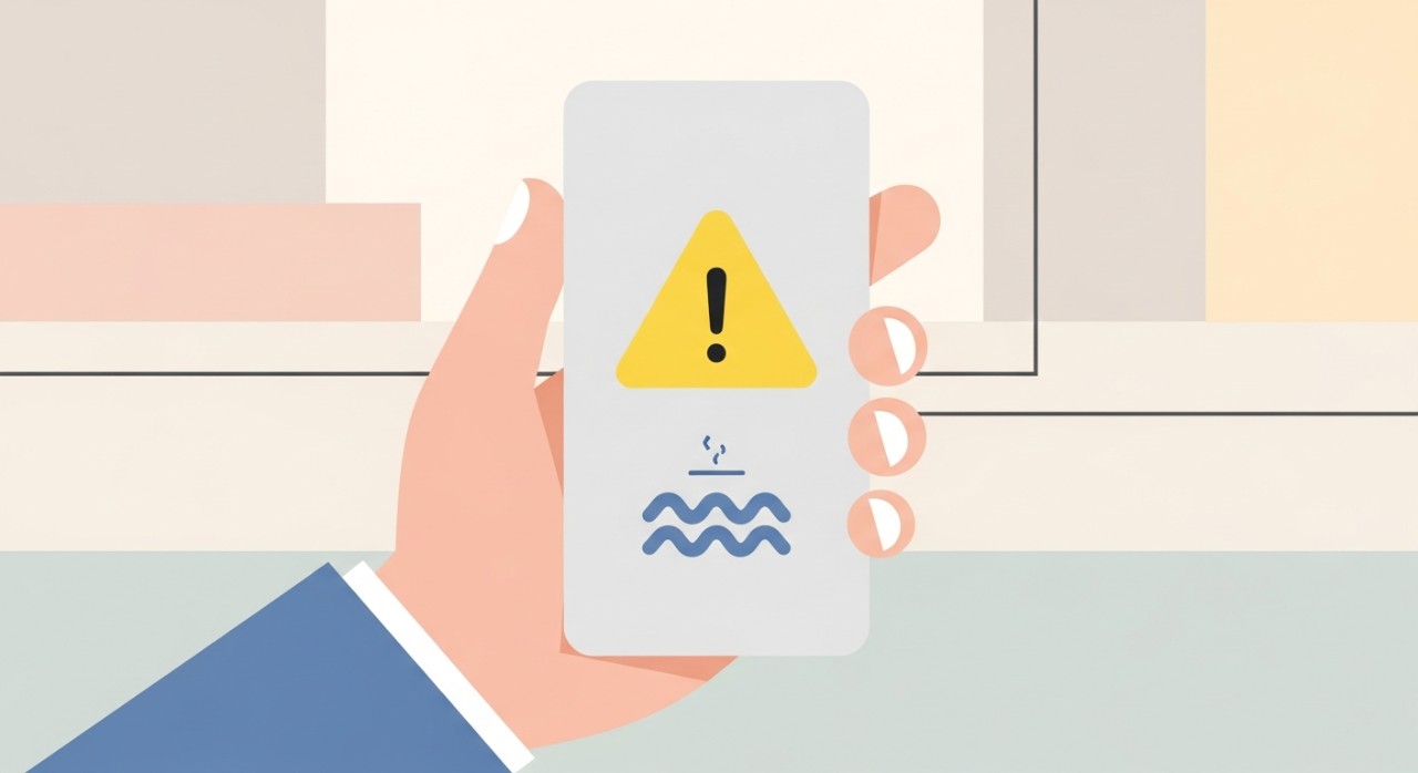 Tangan sedang memegang telefon pintar di kawasan awam menunjukkan amaran sambungan wifi tidak selamat.