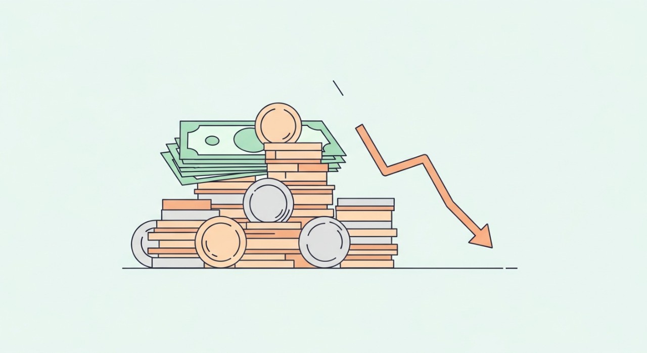 Gambaran visual penjimatan wang dengan simbol wang kertas dan syiling yang bertambah setelah hutang ditandakan selesai.