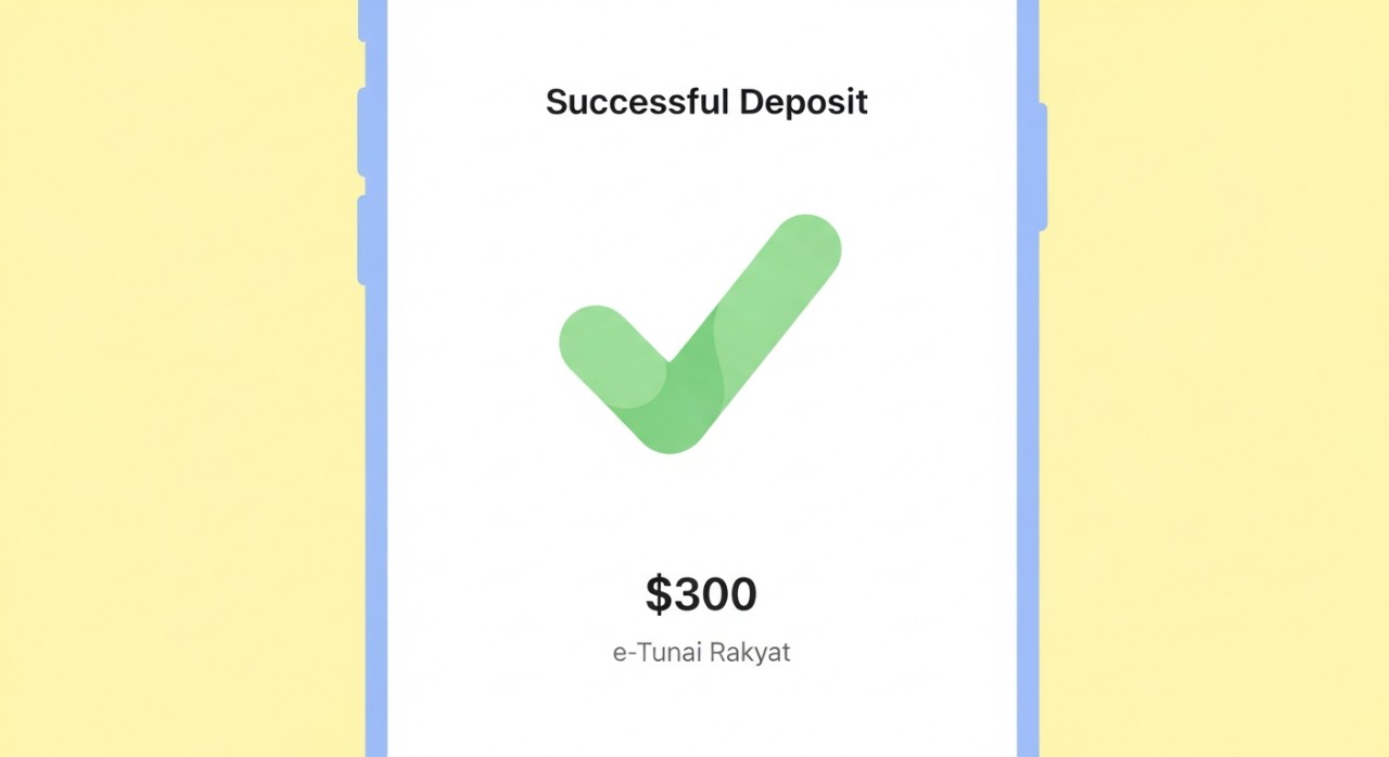 Skrin telefon bimbit menunjukkan notifikasi penerimaan jumlah wang e-Tunai Rakyat yang berjaya.
