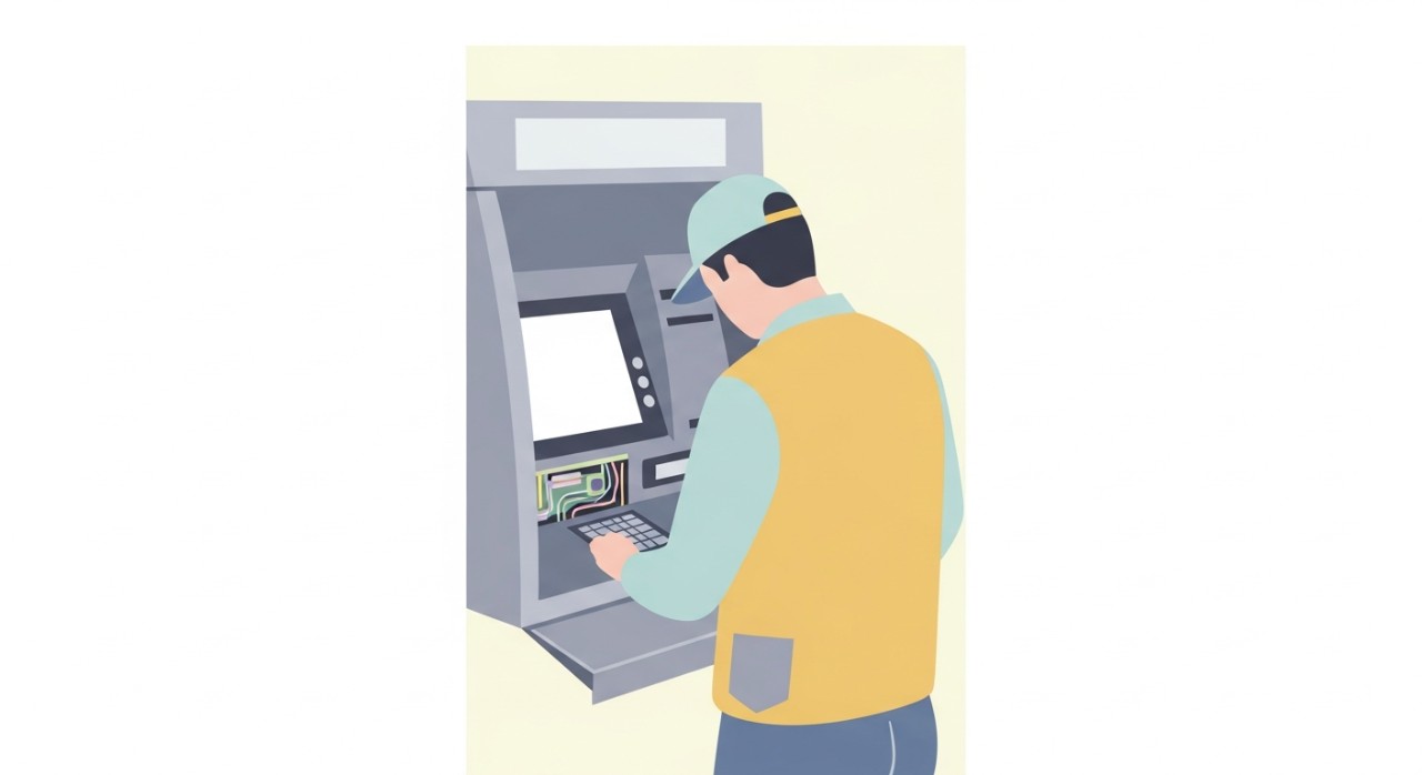 Seorang juruteknik bank sedang membuka panel mesin ATM untuk melakukan pemeriksaan dan pembaikan komponen dalaman.