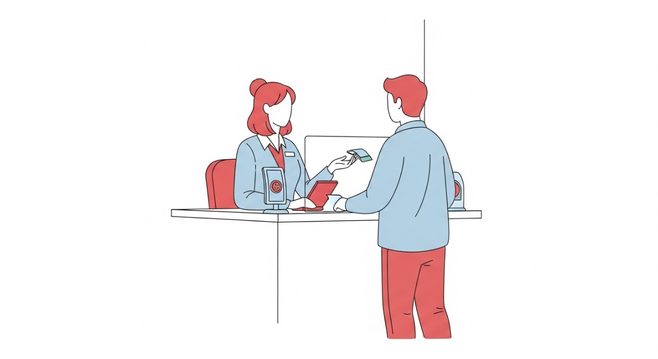 Seorang pelanggan sedang berurusan dengan pegawai bank di kaunter perkhidmatan untuk menukar kad ATM.