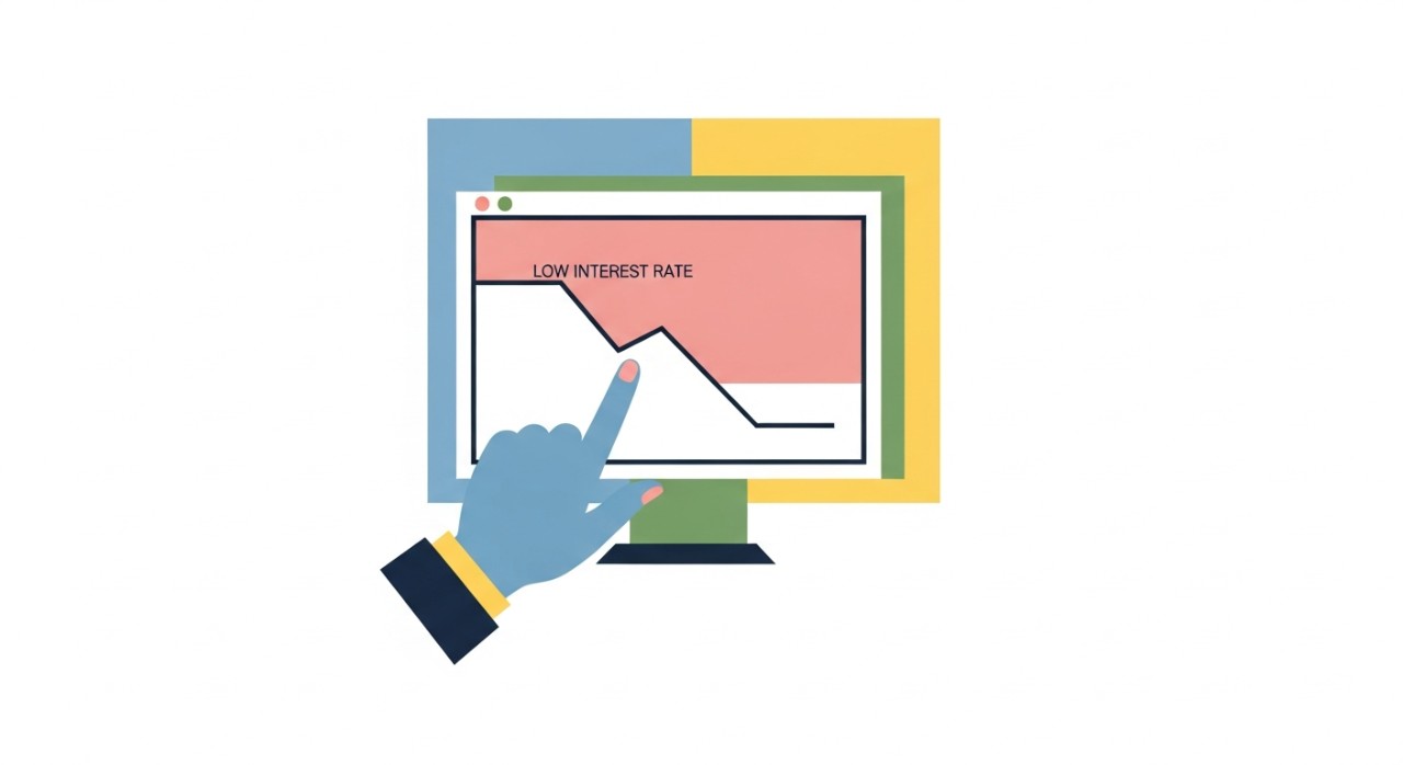 Tangan seseorang menunjuk pada grafik kadar faedah yang rendah pada skrin komputer.
