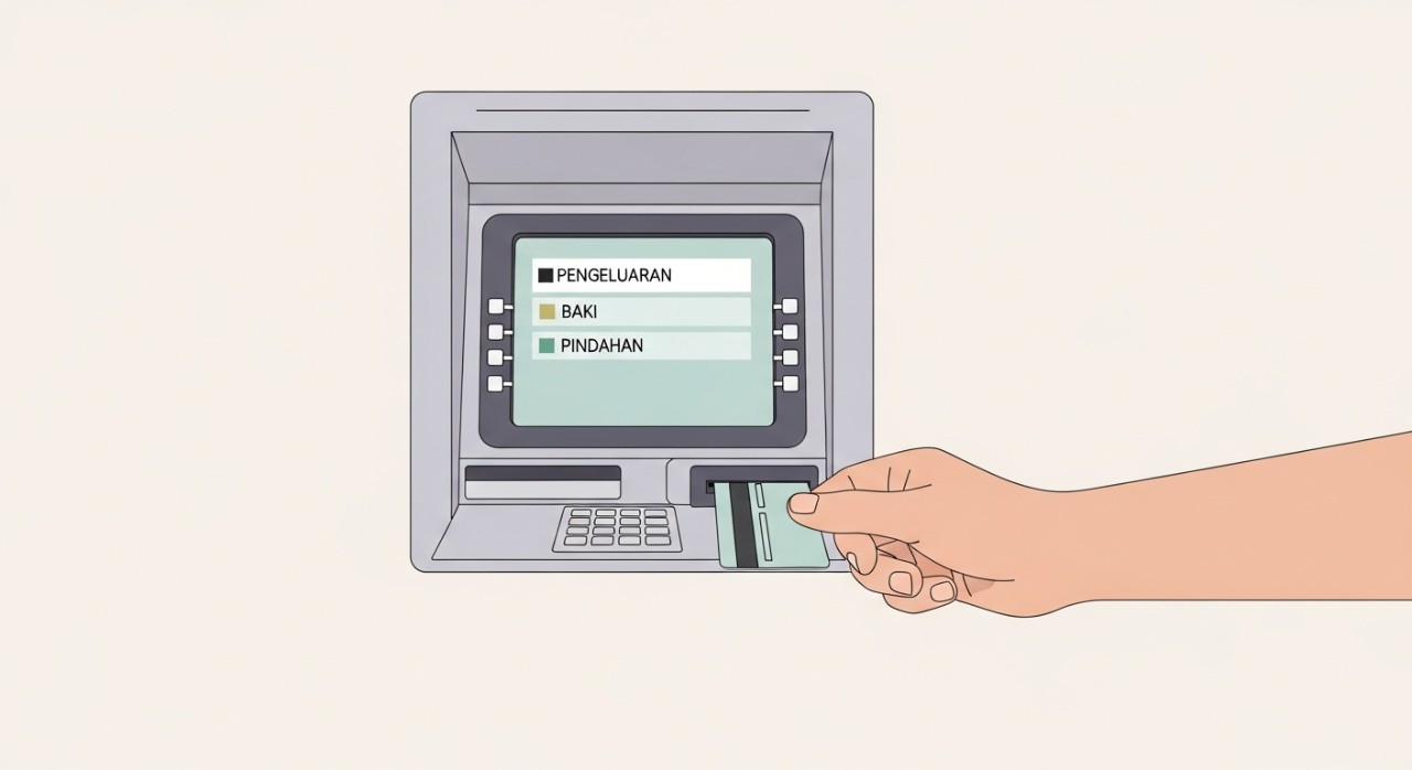 Tangan sedang memasukkan kad ATM ke dalam mesin untuk membuat pengeluaran wang.