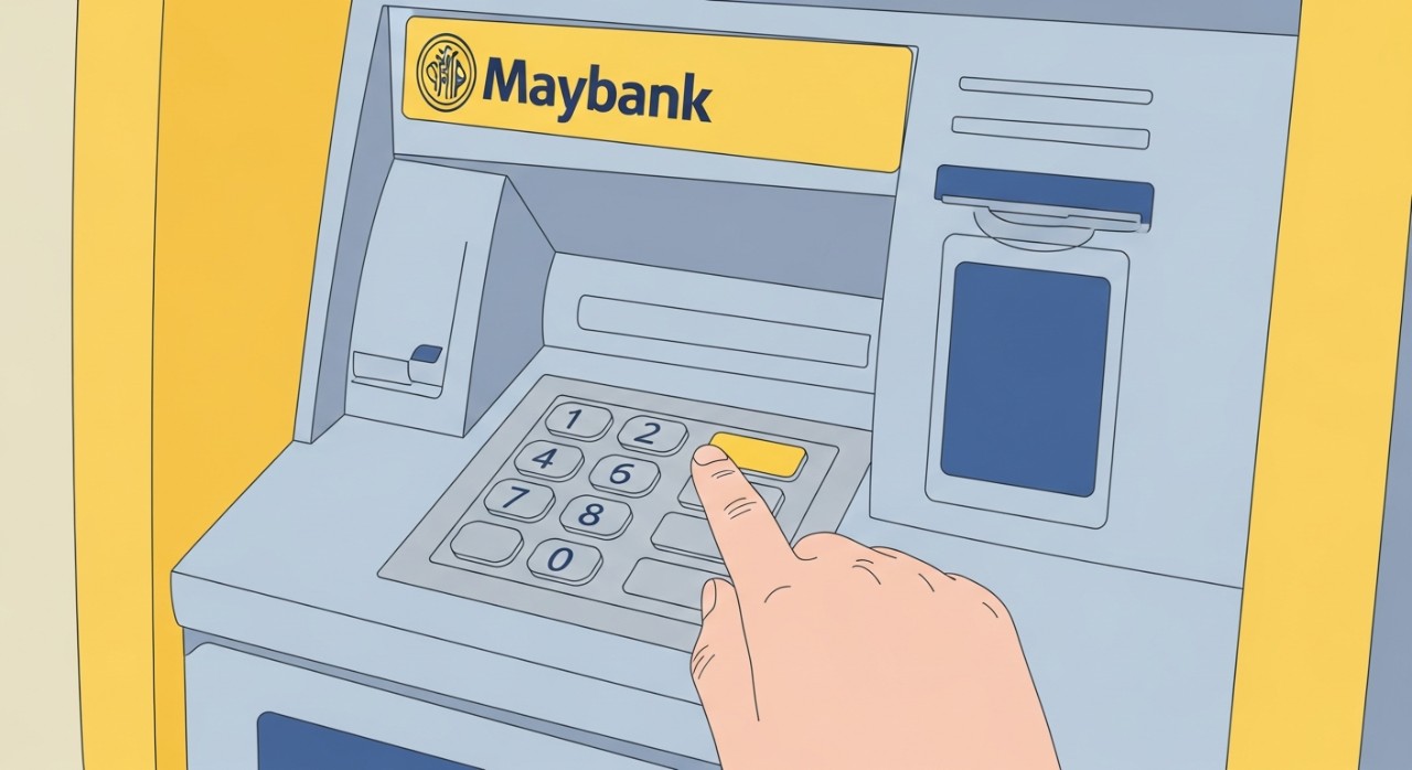 Tangan seseorang sedang menekan butang pada papan kekunci mesin ATM Maybank.