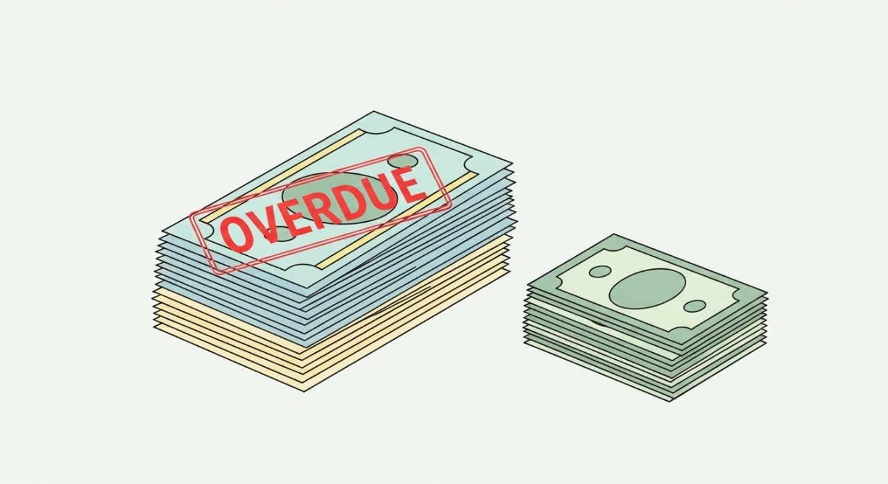 Tumpukan bil telefon bimbit yang belum dibayar bersama beberapa keping wang kertas di atas meja.