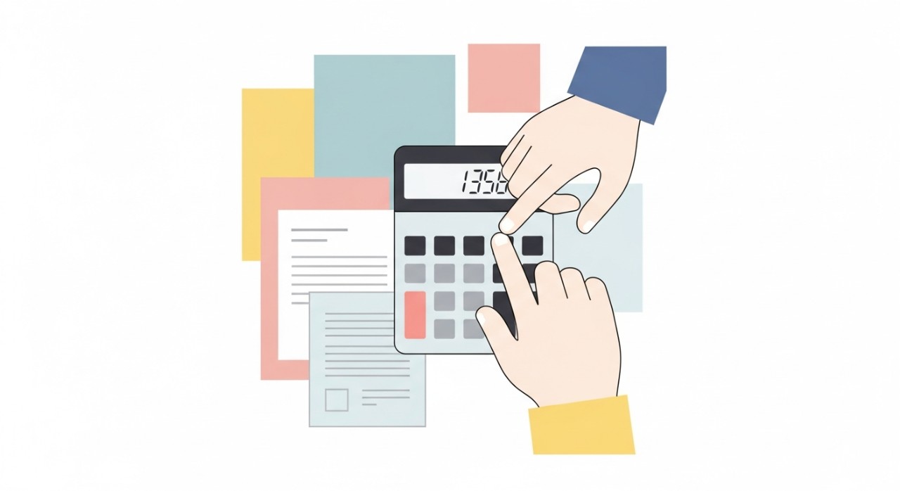 Jadual Kadar Faedah Terkini Bank di Malaysia 2026 1 Tangan sedang mengira menggunakan kalkulator di hadapan dokumen berkaitan pinjaman.