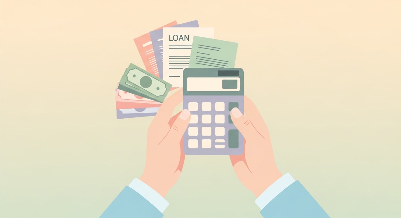 Tangan memegang kalkulator di hadapan timbunan bil dan dokumen pinjaman.