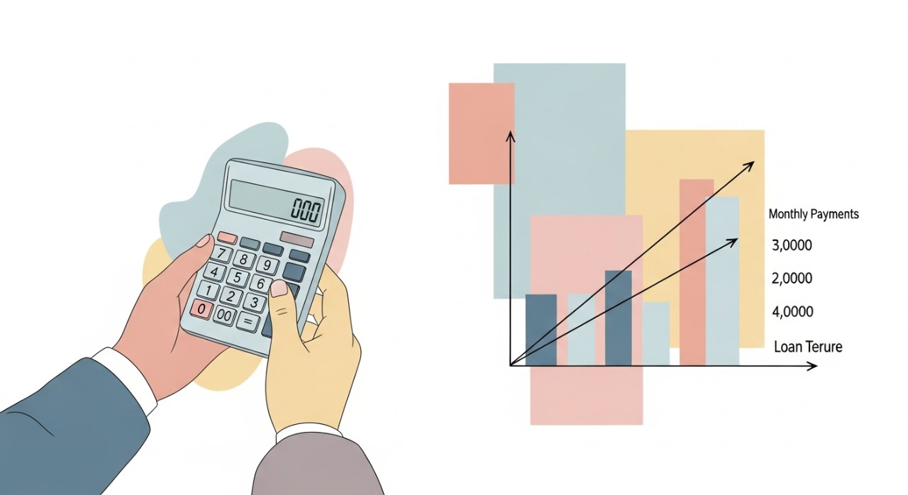 Peranan Tempoh Pinjaman pada Jadual Pembayaran Anda 1 Tangan seseorang sedang memegang kalkulator kewangan, dengan graf atau carta menunjukkan perbezaan bayaran bulanan berdasarkan tempoh pinjaman.