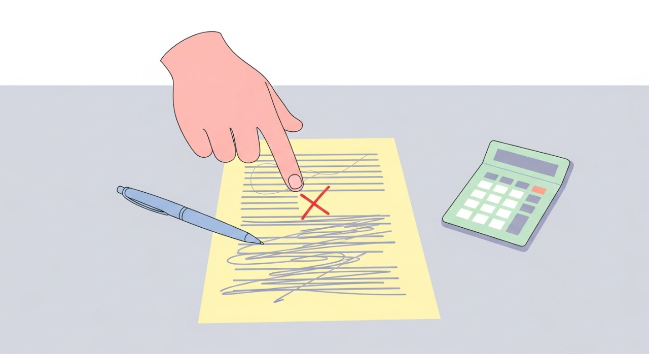 Tangan sedang menunjuk kepada kesilapan dalam pengiraan pada dokumen kewangan dengan pen dan kalkulator di atas meja.