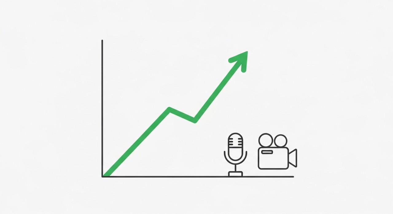 Sebuah graf berwarna hijau menunjukkan kenaikan hasil pendapatan di sebelah ikon mikrofon dan kamera video.