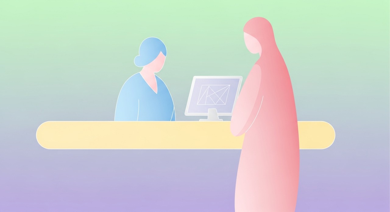 Seorang pegawai khidmat pelanggan bank sedang menerangkan maklumat kepada seorang individu di kaunter bank.