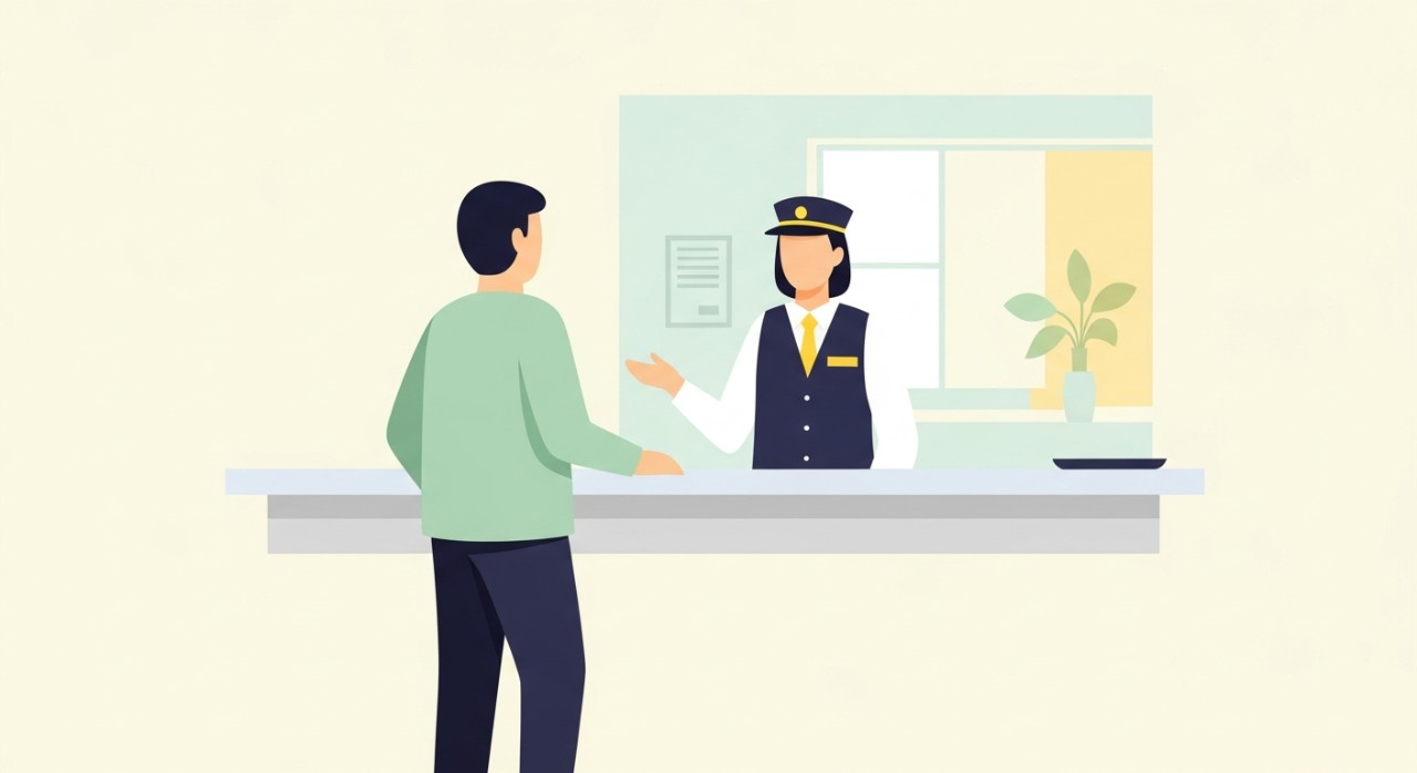 Seorang pelanggan sedang bercakap dengan pegawai bank di kaunter perkhidmatan bank.