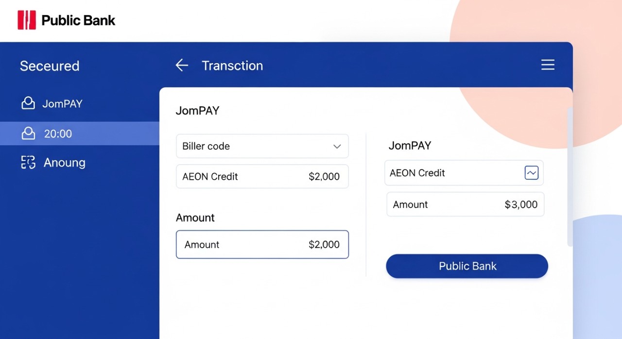 Cara Bayar AEON Credit Public Bank (PBe) : Panduan Penuh 1 Skrin perbankan dalam talian Public Bank yang menunjukkan medan untuk memasukkan kod JomPAY dan jumlah bayaran bagi AEON Credit.