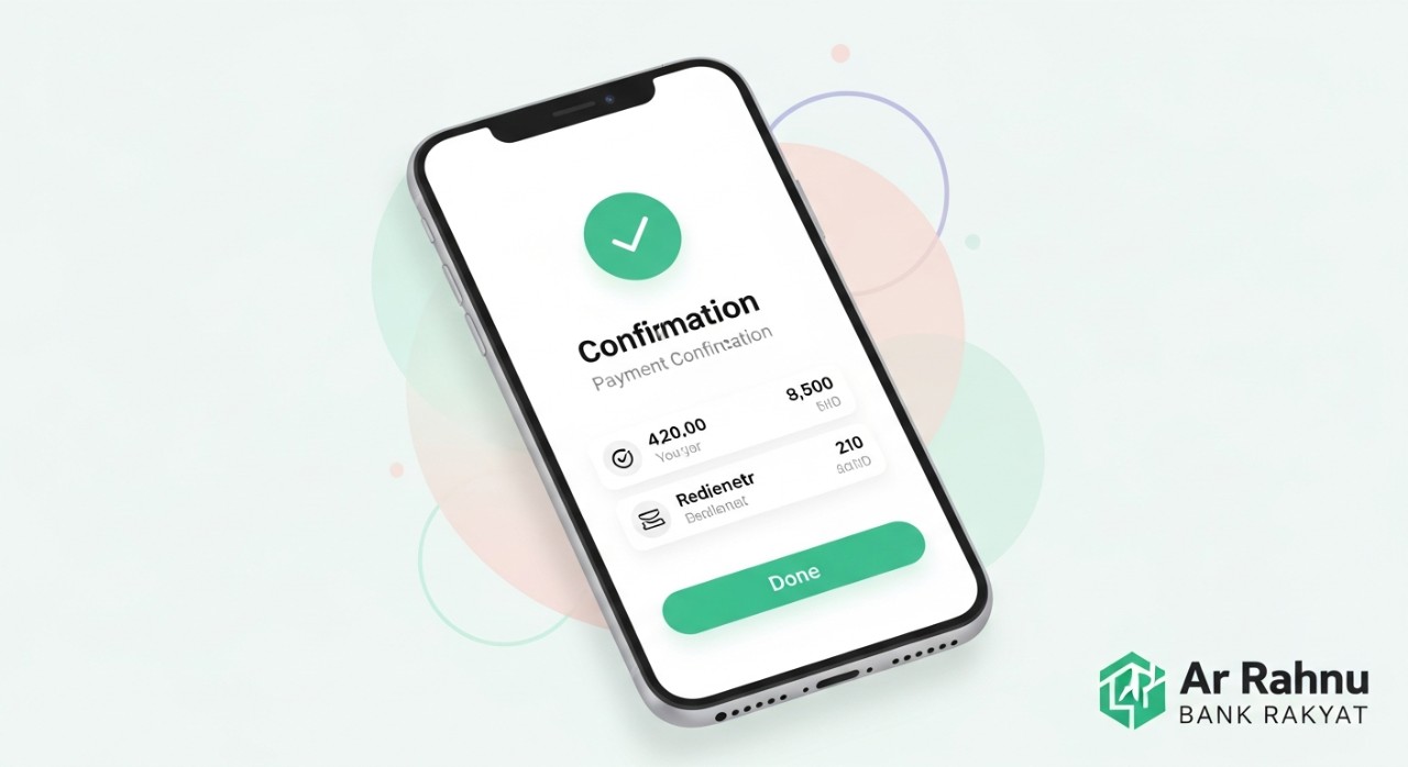 Skrin telefon pintar menunjukkan antaramuka aplikasi perbankan Bank Rakyat untuk pembayaran Ar Rahnu.