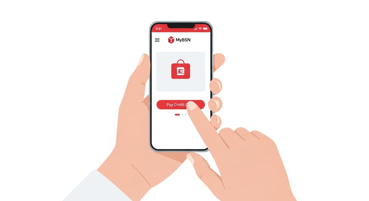 Sebuah tangan sedang memegang telefon pintar dan menyentuh butang bayar pada antaramuka aplikasi perbankan mudah alih MyBSN