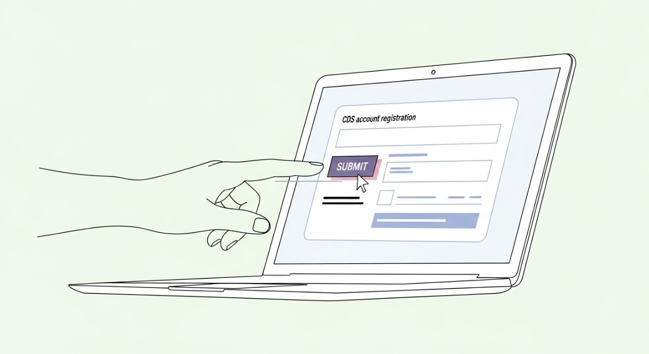 Pandangan dekat tangan sedang mengisi borang dalam talian akaun pembrokeran pada skrin komputer riba.