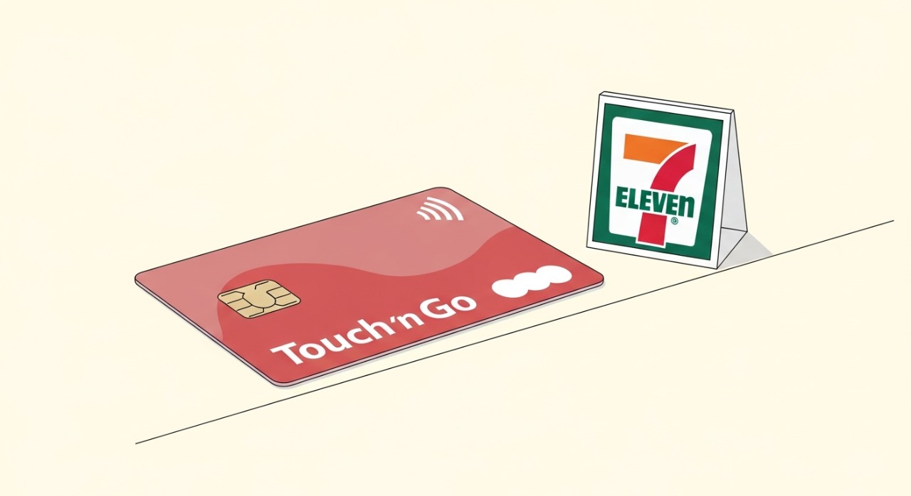 Sebuah kad Touch 'n Go diletakkan bersebelahan dengan logo 7-Eleven yang minimalis.