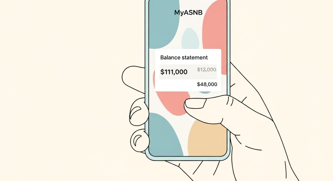 Tangan memegang telefon yang memaparkan halaman penyata baki MyASNB.