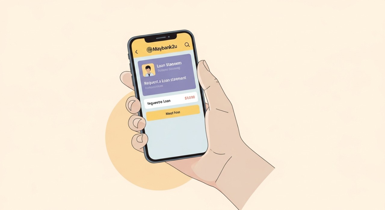 Panduan Cara Mohon Penyata Pinjaman Maybank 1 Tangan yang sedang menekan butang pada aplikasi perbankan mudah alih Maybank untuk memohon penyata.