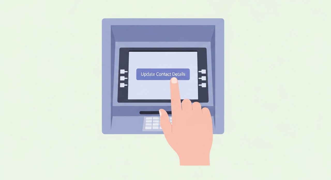 Tangan sedang menekan butang pada skrin mesin ATM OCBC untuk mengemaskini maklumat peribadi.