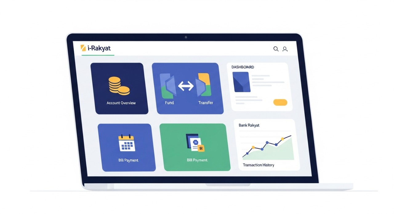 Papan pemuka (dashboard) aplikasi perbankan i-Rakyat yang ringkas dan kemas.