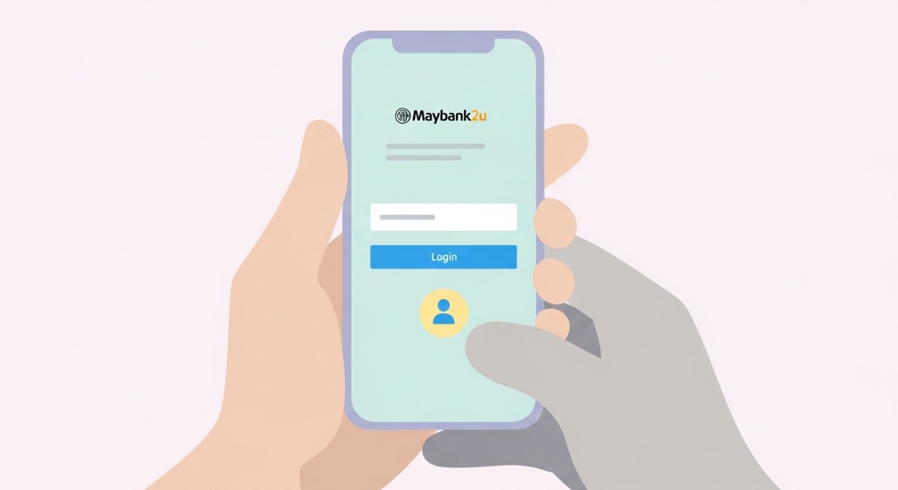 Tangan sedang memegang telefon pintar menunjukkan paparan skrin log masuk Maybank2u.