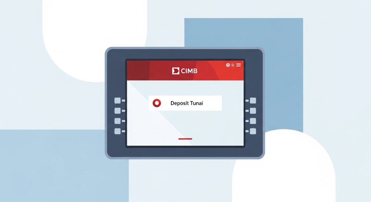 Paparan skrin mesin deposit tunai CIMB yang menunjukkan pilihan transaksi deposit wang tunai.