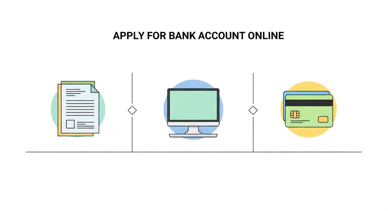 Susunan ikon langkah-langkah proses permohonan akaun bank secara dalam talian.