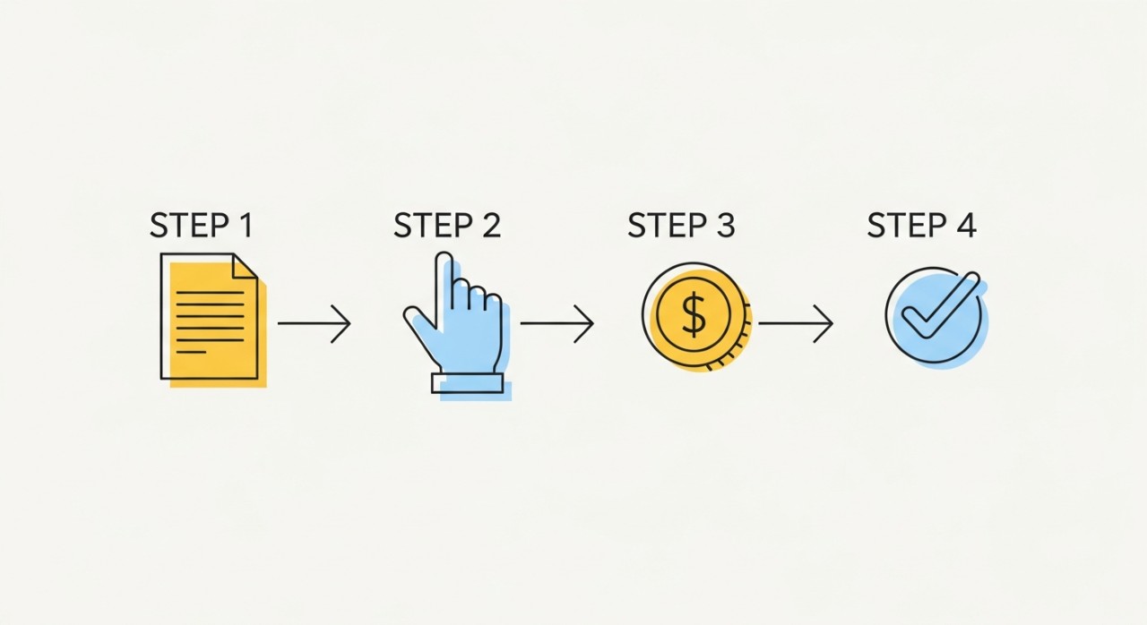 Cara Tuntut Khairat Kematian Maybank: Panduan Lengkap Waris 1 Langkah-langkah proses permohonan khairat kematian yang ditunjukkan melalui ikon ringkas.