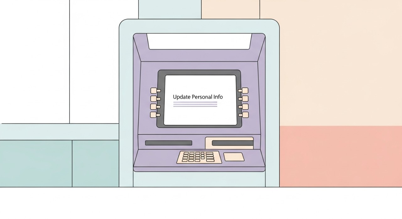 Mesin ATM bank dengan skrin yang memaparkan pilihan untuk pengemaskinian maklumat peribadi pelanggan.