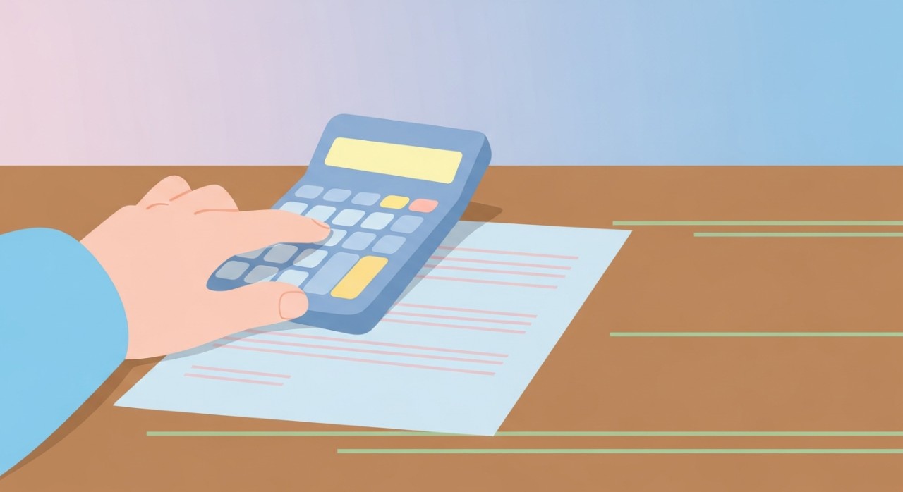 Pandangan dekat seseorang sedang menggunakan kalkulator sambil meneliti dokumen kewangan atau penyata bank di atas meja.