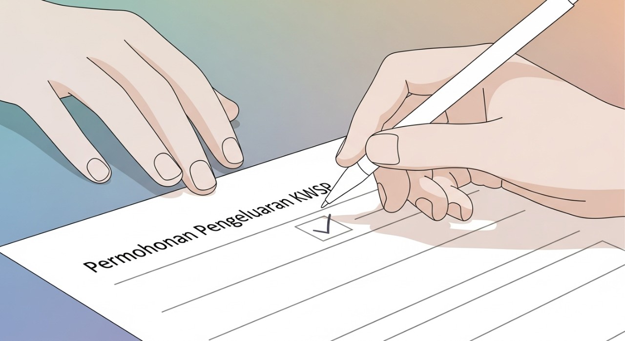 Tangan sedang mengisi borang permohonan rasmi untuk pengeluaran wang KWSP di atas meja.