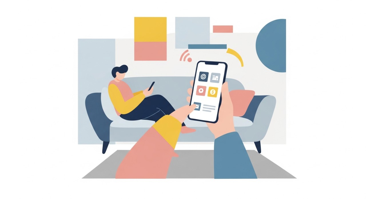 Panduan Lengkap Cara Semak Baki Melalui Maybank Apps 1 Seorang wanita sedang duduk di sofa ruang tamu menggunakan telefon pintar untuk menyemak baki banknya dengan mudah.