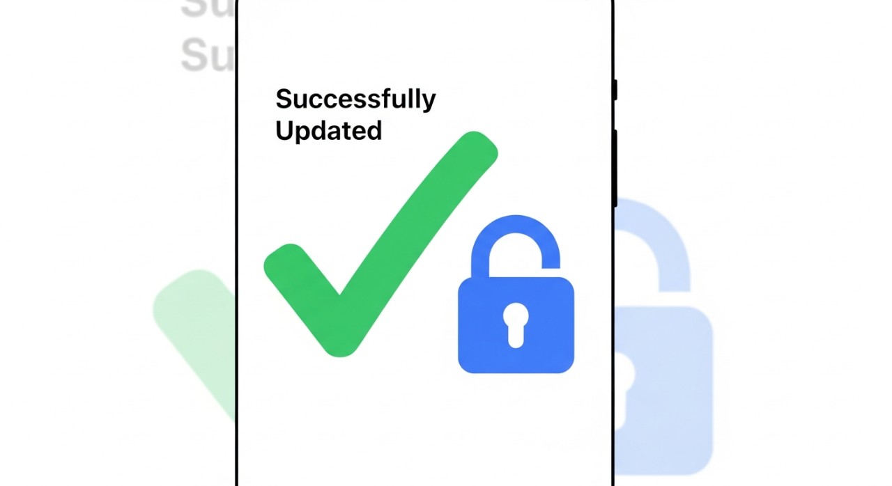 Skrin telefon pintar menunjukkan tanda semak hijau besar dan ikon kunci, menandakan tetapan had telah berjaya dikemas kini.