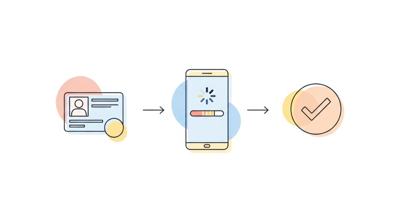 Susunan ikon ringkas yang mewakili langkah-langkah utama pendaftaran akaun digital.