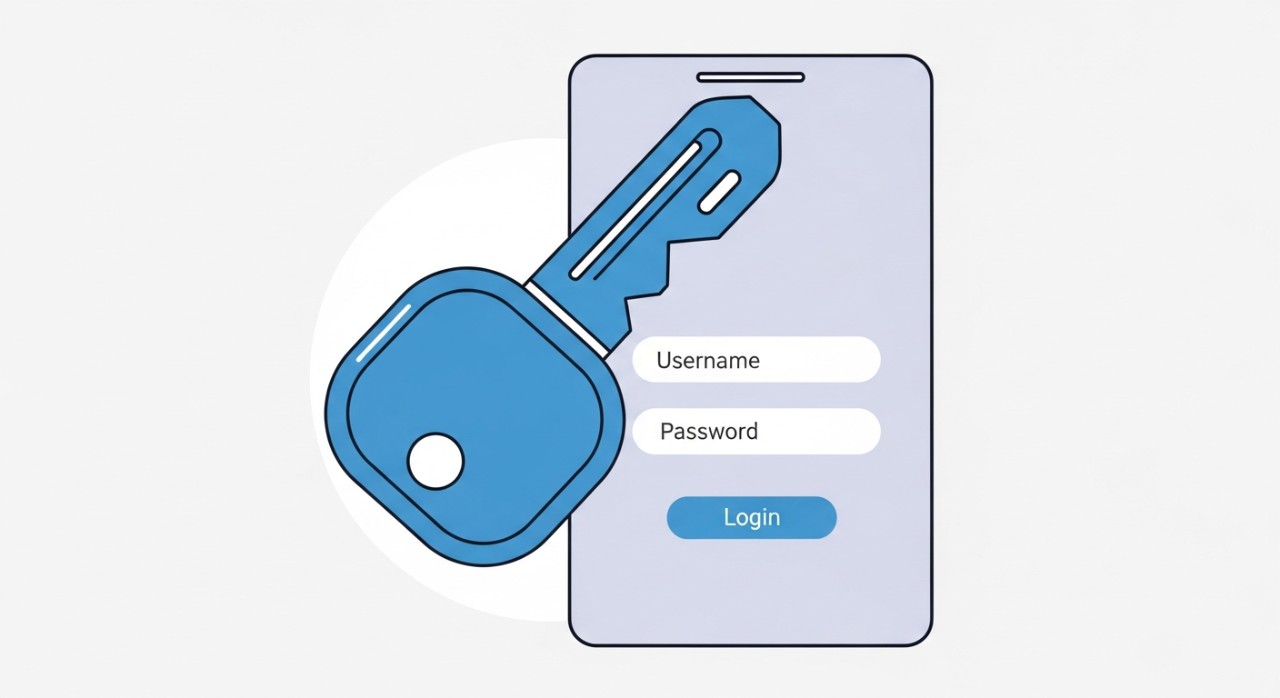 Ikon kunci keselamatan besar berada di hadapan skrin log masuk aplikasi perbankan online untuk menunjukkan proses login selamat.