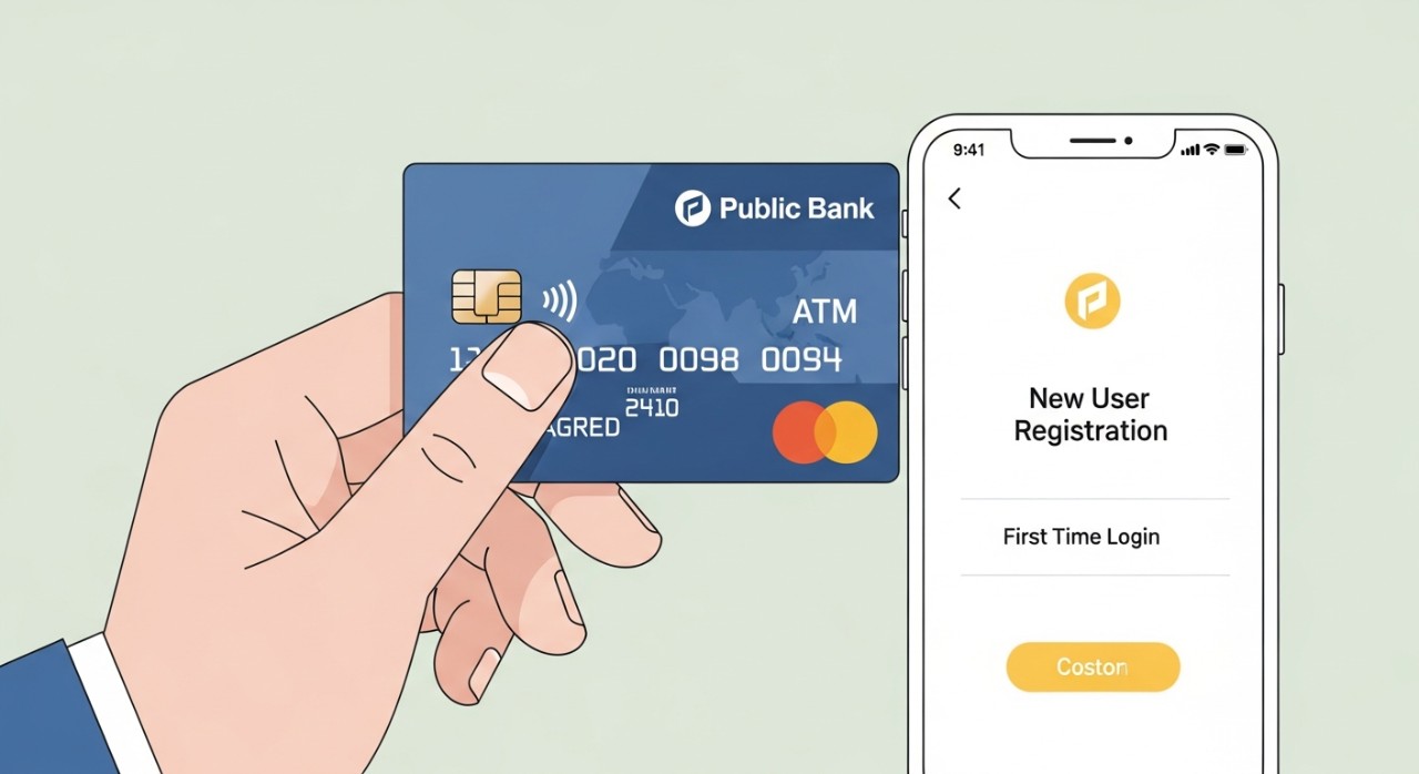 Tangan sedang memegang kad ATM Public Bank di sebelah telefon pintar dengan paparan skrin log masuk pengguna baru.