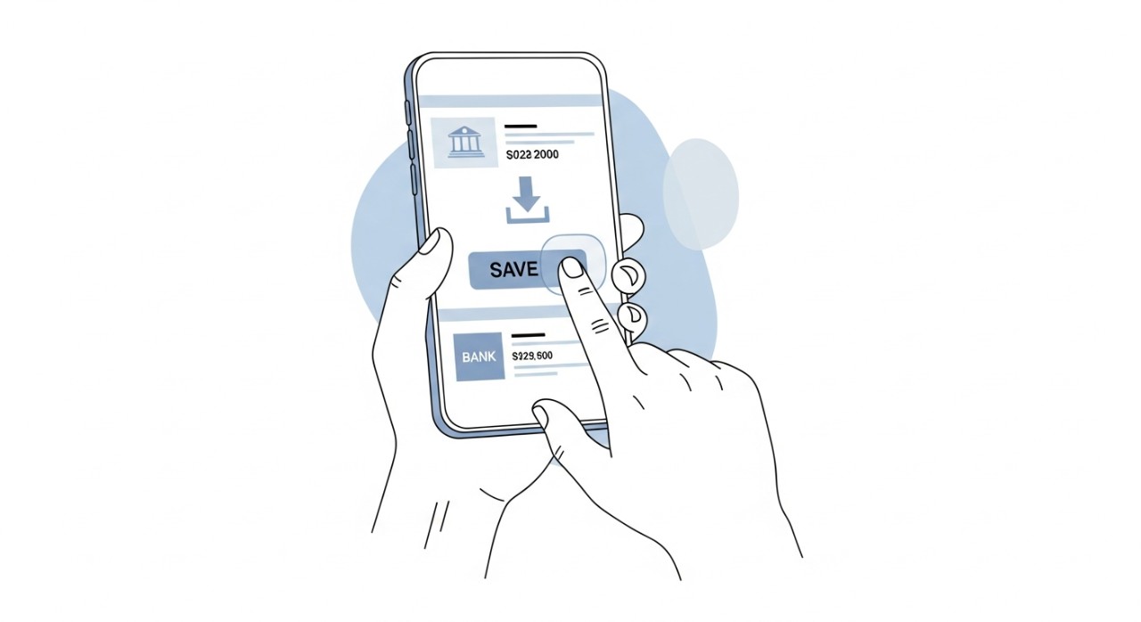 Jari sedang menekan ikon 'Muat Turun' atau 'Simpan' pada paparan resit transaksi CIMB Clicks di telefon.