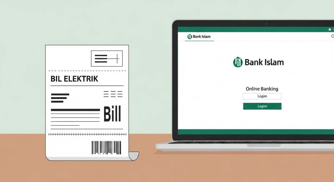 Sekeping bil elektrik diletakkan bersebelahan komputer riba yang memaparkan laman web Bank Islam.