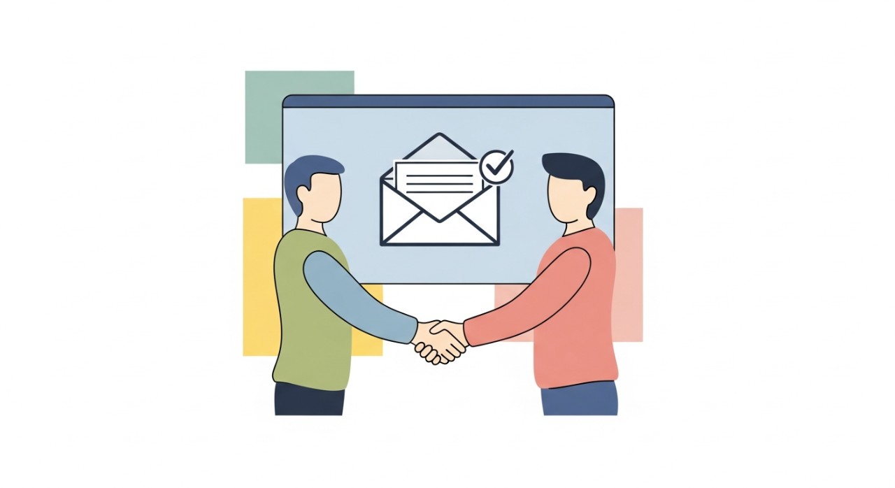 Maklumat Wajib Ada dalam Emel Pertanyaan Profesional 1 Dua individu berjabat tangan di hadapan skrin komputer yang menunjukkan ikon e-mel berjaya dihantar.
